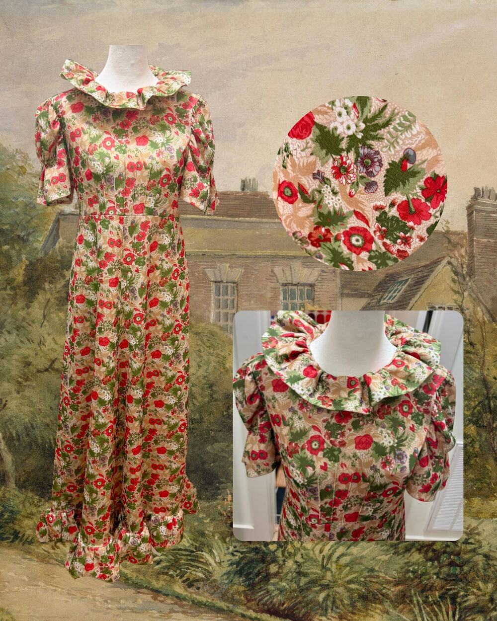 Vintage 1970s Floral Prairie Cottage Ruffle Neck Empire Waist Maxi Dress M/L